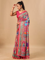 Premium Pink Floral & Paisley Digital Printed Tussar Silk Saree With Zari Weaving Border