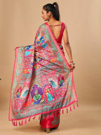 Premium Pink Floral & Paisley Digital Printed Tussar Silk Saree With Zari Weaving Border