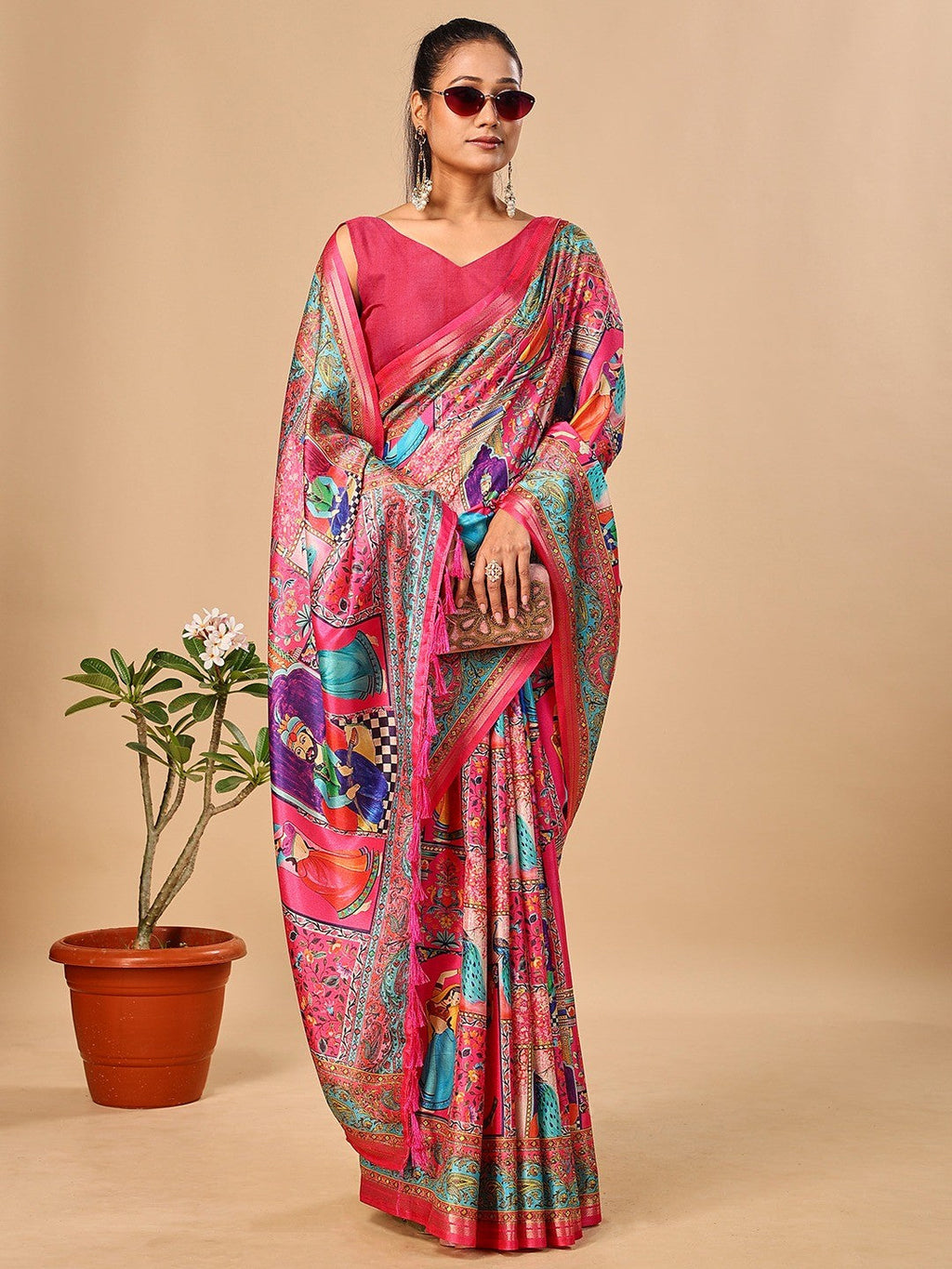 Premium Pink Floral & Paisley Digital Printed Tussar Silk Saree With Zari Weaving Border