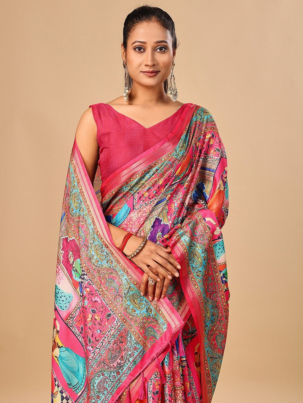 Premium Pink Floral & Paisley Digital Printed Tussar Silk Saree With Zari Weaving Border