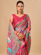 Premium Pink Floral & Paisley Digital Printed Tussar Silk Saree With Zari Weaving Border