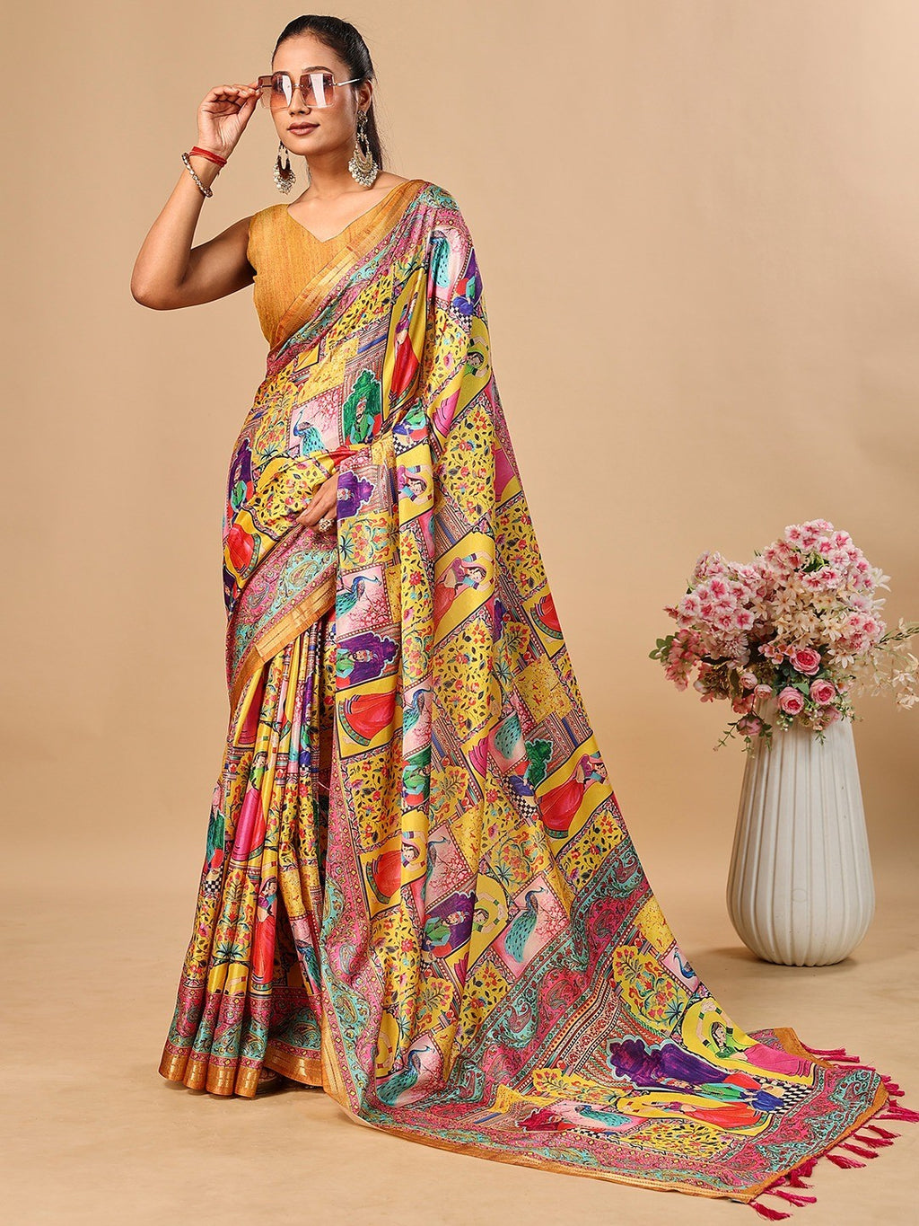 Premium Yellow Floral & Paisley Digital Printed Tussar Silk Saree With Zari Weaving Border