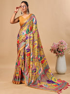 Premium Yellow Floral & Paisley Digital Printed Tussar Silk Saree With Zari Weaving Border