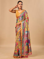 Premium Yellow Floral & Paisley Digital Printed Tussar Silk Saree With Zari Weaving Border