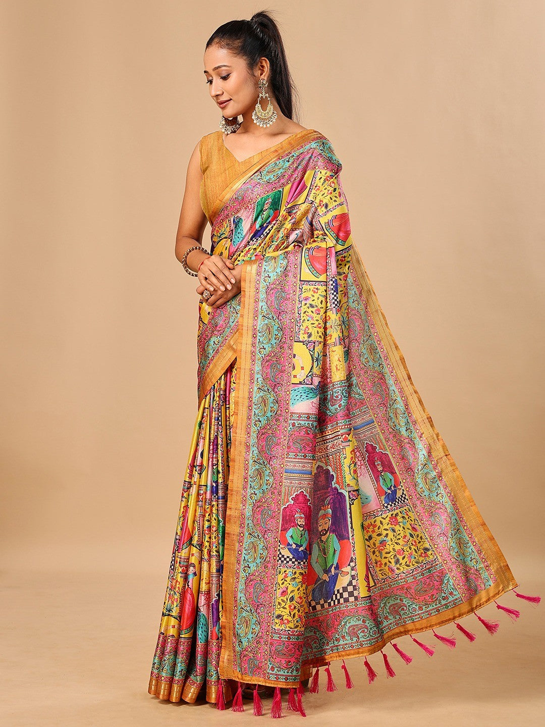 Premium Yellow Floral & Paisley Digital Printed Tussar Silk Saree With Zari Weaving Border