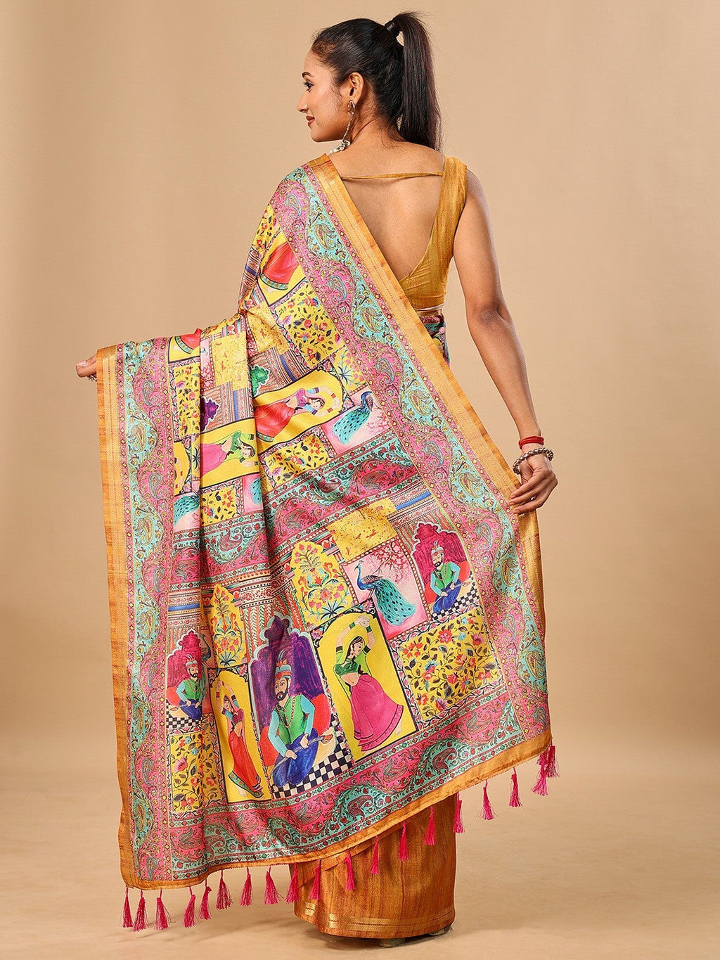 Premium Yellow Floral & Paisley Digital Printed Tussar Silk Saree With Zari Weaving Border