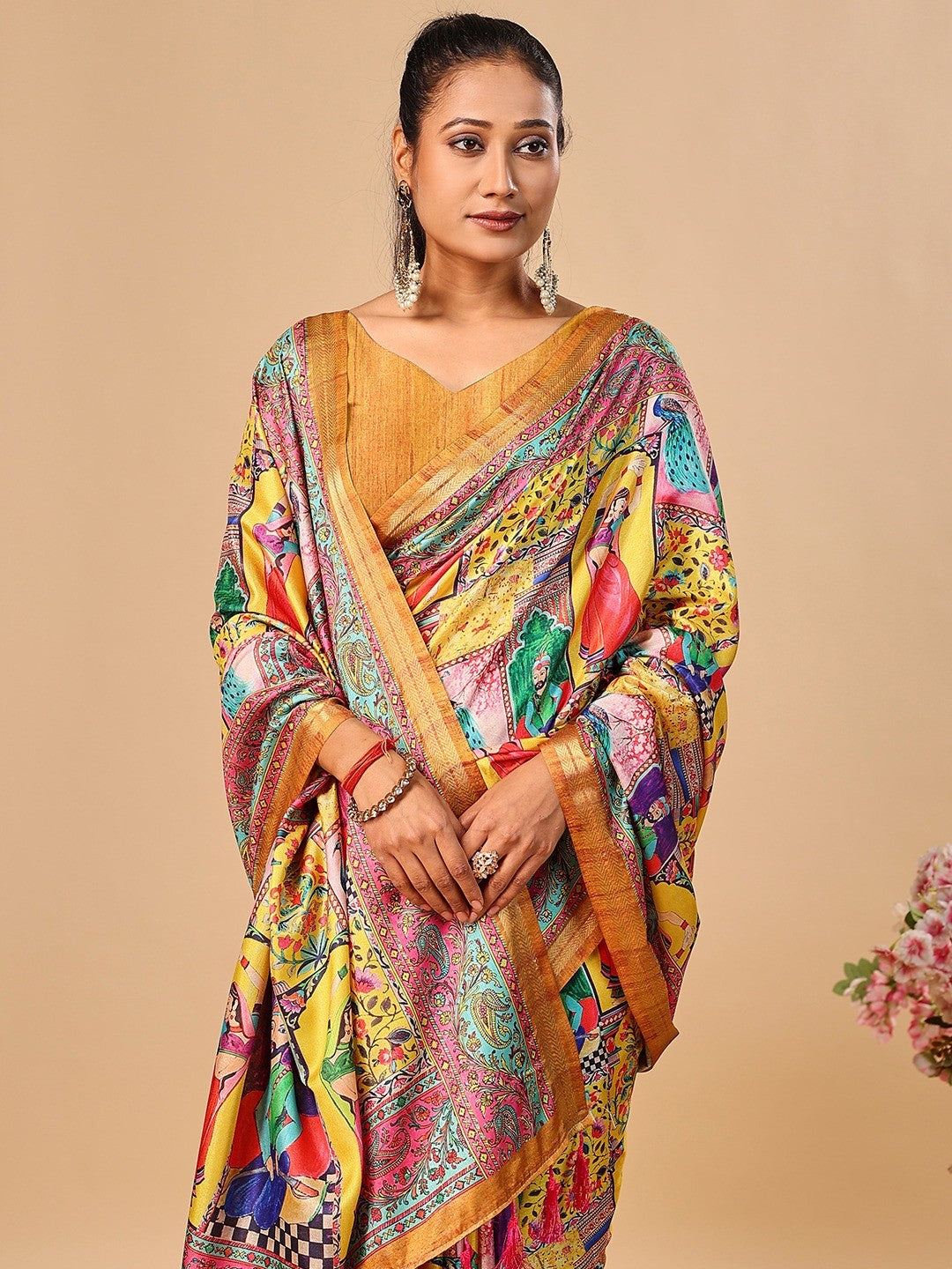 Premium Yellow Floral & Paisley Digital Printed Tussar Silk Saree With Zari Weaving Border
