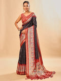 Luxurious Black Birds Digital Print Tussar Silk Saree With Temple Motif Pallu & Zari Weaving Border