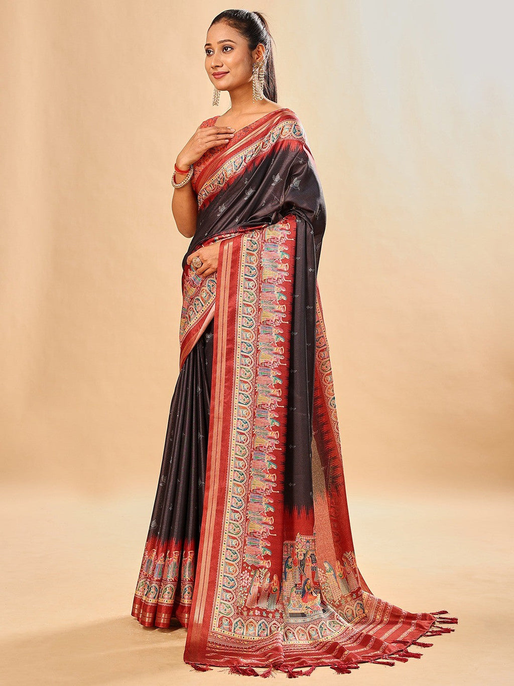 Luxurious Black Birds Digital Print Tussar Silk Saree With Temple Motif Pallu & Zari Weaving Border