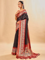 Luxurious Black Birds Digital Print Tussar Silk Saree With Temple Motif Pallu & Zari Weaving Border