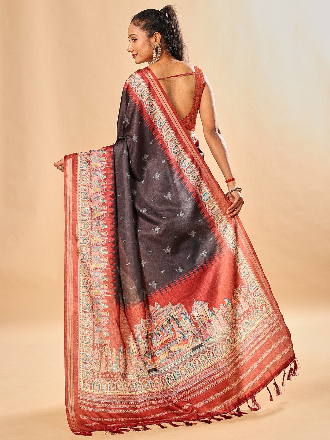 Luxurious Black Birds Digital Print Tussar Silk Saree With Temple Motif Pallu & Zari Weaving Border