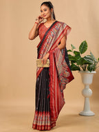 Luxurious Black Birds Digital Print Tussar Silk Saree With Temple Motif Pallu & Zari Weaving Border