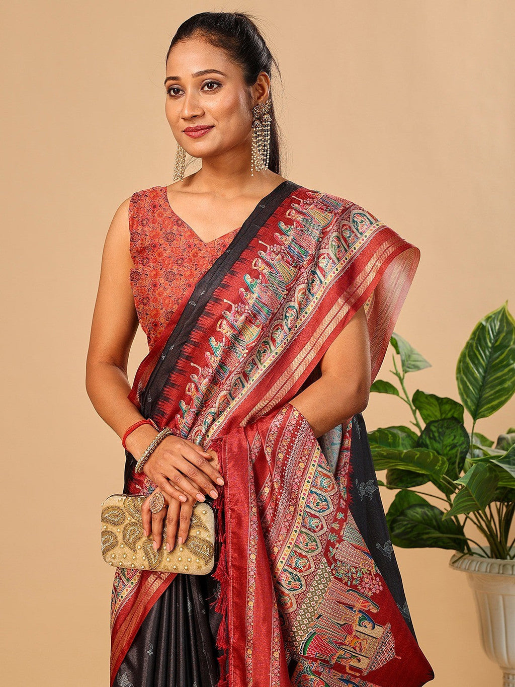 Luxurious Black Birds Digital Print Tussar Silk Saree With Temple Motif Pallu & Zari Weaving Border