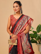 Luxurious Black Birds Digital Print Tussar Silk Saree With Temple Motif Pallu & Zari Weaving Border