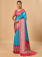 Luxurious Blue Birds Digital Print Tussar Silk Saree With Temple Motif Pallu & Zari Weaving Border