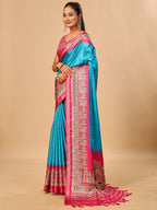 Luxurious Blue Birds Digital Print Tussar Silk Saree With Temple Motif Pallu & Zari Weaving Border
