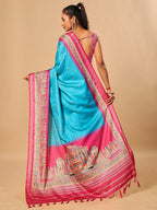 Luxurious Blue Birds Digital Print Tussar Silk Saree With Temple Motif Pallu & Zari Weaving Border