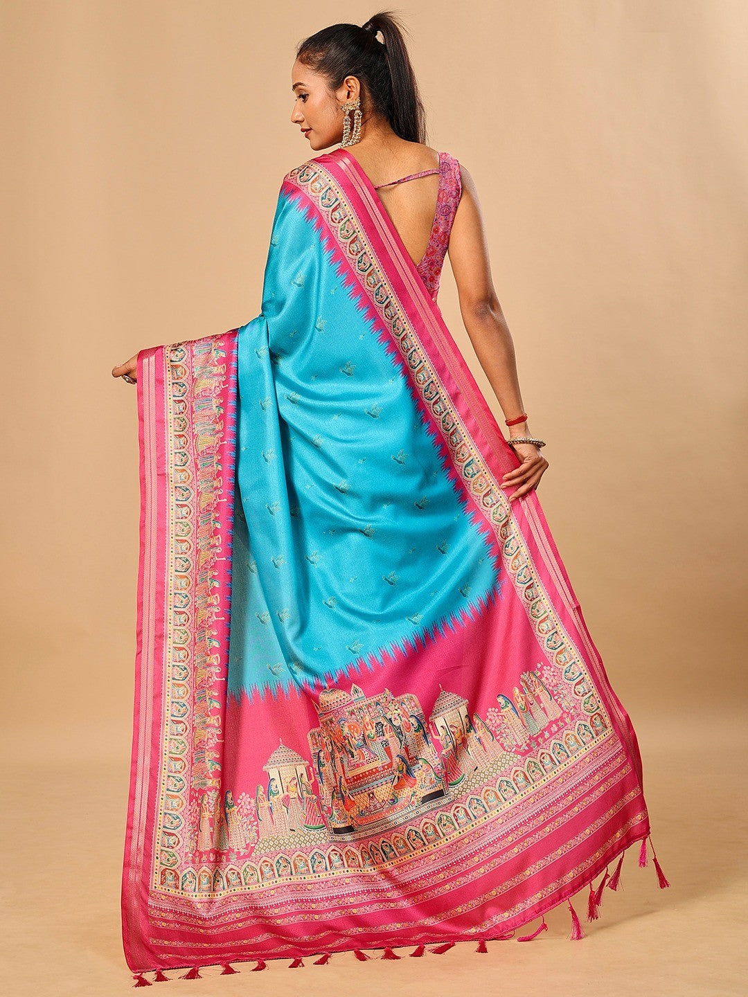 Luxurious Blue Birds Digital Print Tussar Silk Saree With Temple Motif Pallu & Zari Weaving Border