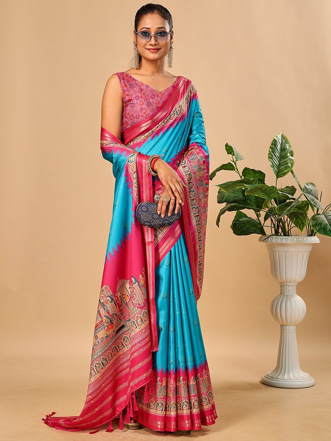Luxurious Blue Birds Digital Print Tussar Silk Saree With Temple Motif Pallu & Zari Weaving Border