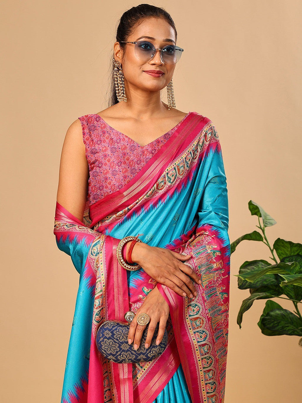 Luxurious Blue Birds Digital Print Tussar Silk Saree With Temple Motif Pallu & Zari Weaving Border