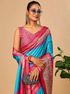 Luxurious Blue Birds Digital Print Tussar Silk Saree With Temple Motif Pallu & Zari Weaving Border