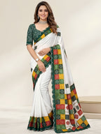 Elegant White & Green Vichitra Silk Bandhani Saree with Mirror Work Border