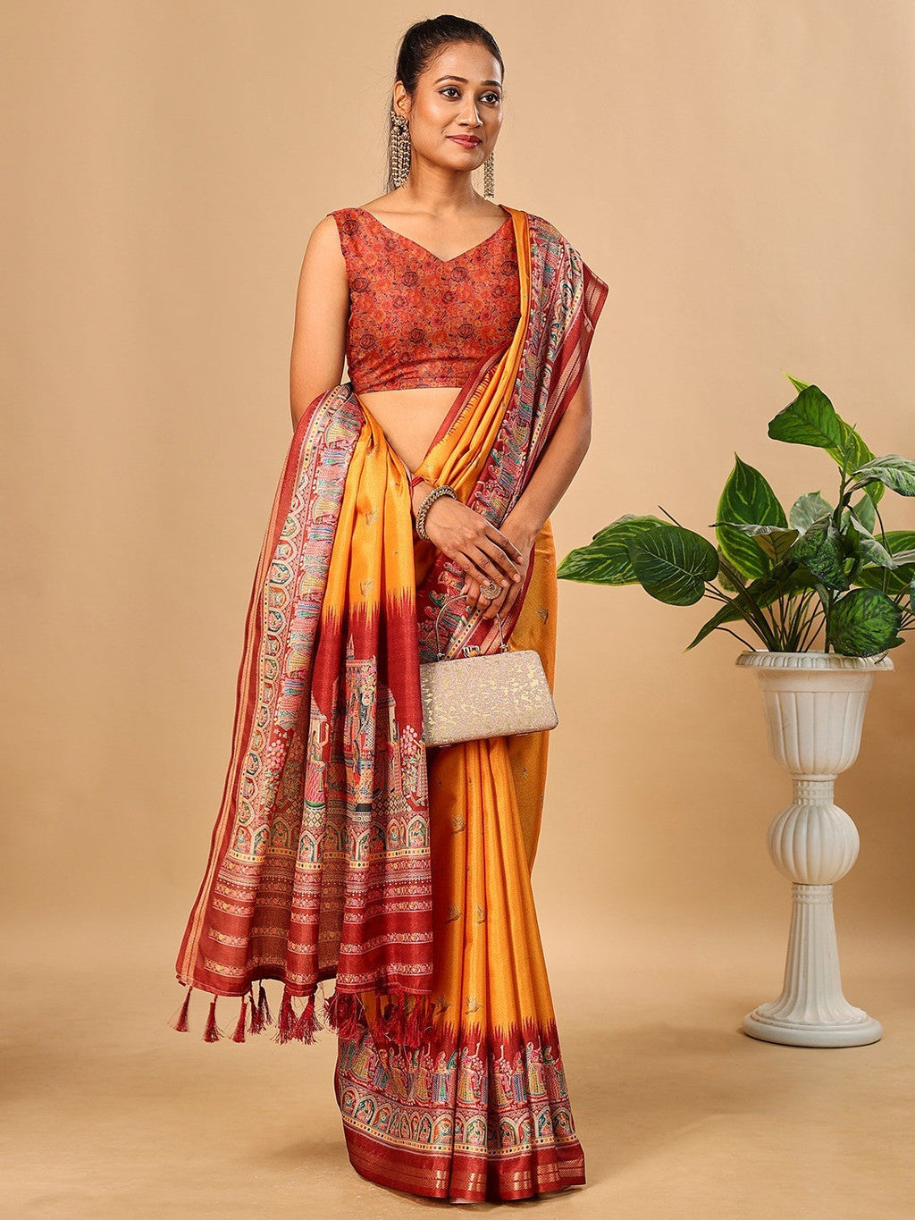 Luxurious Mustard Birds Digital Print Tussar Silk Saree With Temple Motif Pallu & Zari Weaving Border