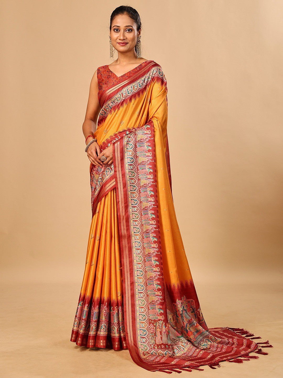 Luxurious Mustard Birds Digital Print Tussar Silk Saree With Temple Motif Pallu & Zari Weaving Border