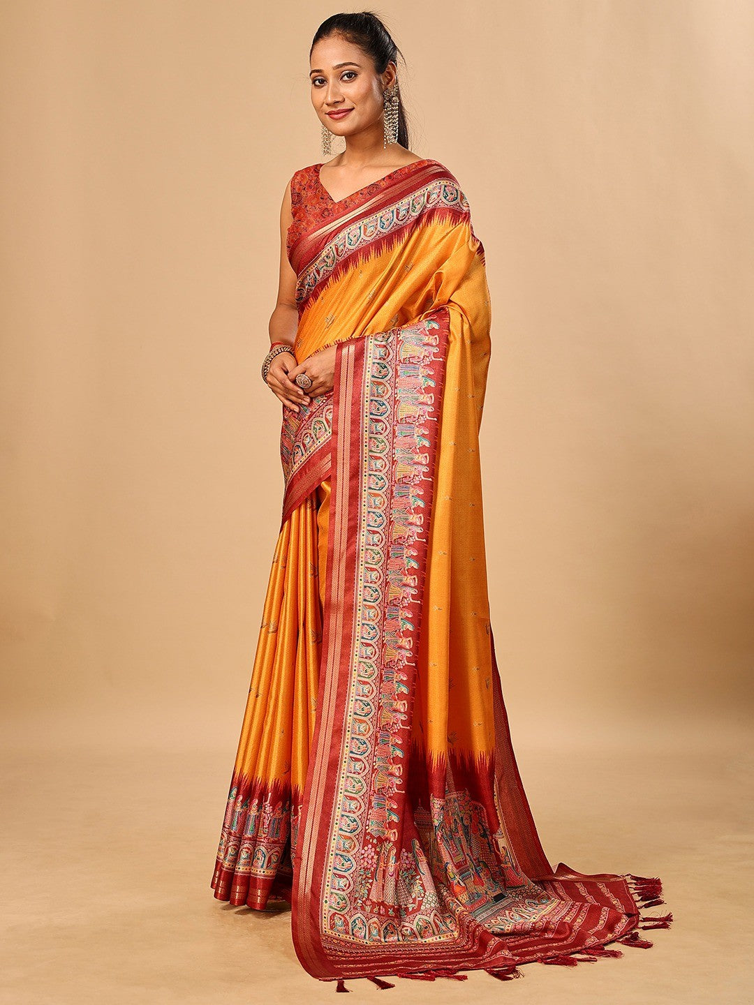 Luxurious Mustard Birds Digital Print Tussar Silk Saree With Temple Motif Pallu & Zari Weaving Border