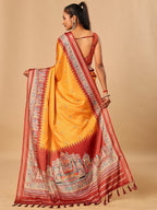 Luxurious Mustard Birds Digital Print Tussar Silk Saree With Temple Motif Pallu & Zari Weaving Border