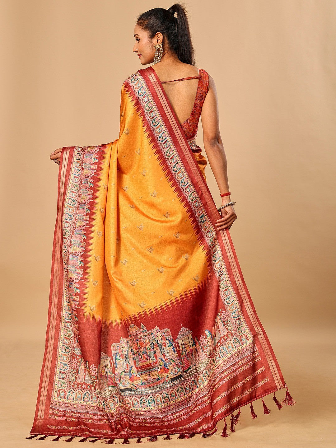 Luxurious Mustard Birds Digital Print Tussar Silk Saree With Temple Motif Pallu & Zari Weaving Border