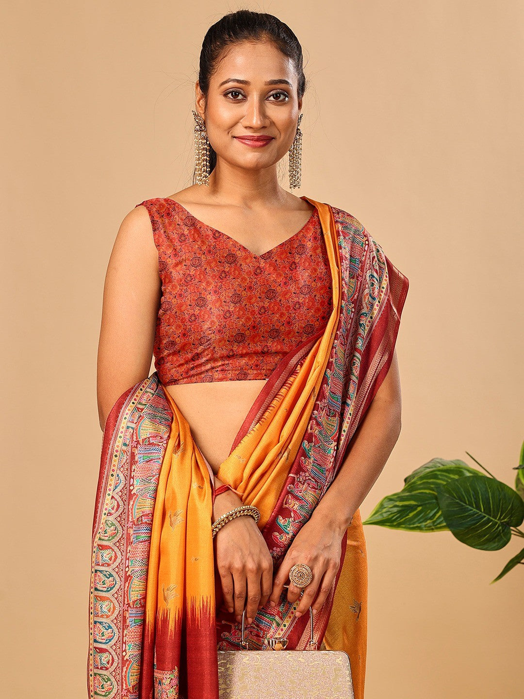 Luxurious Mustard Birds Digital Print Tussar Silk Saree With Temple Motif Pallu & Zari Weaving Border