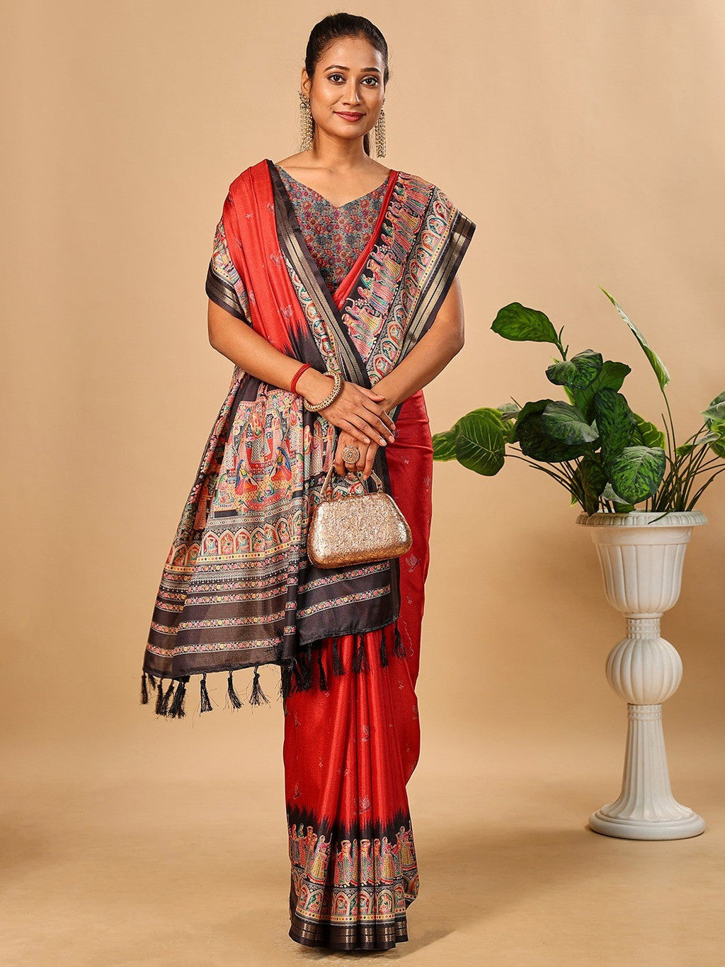 Luxurious Red Birds Digital Print Tussar Silk Saree With Temple Motif Pallu & Zari Weaving Border