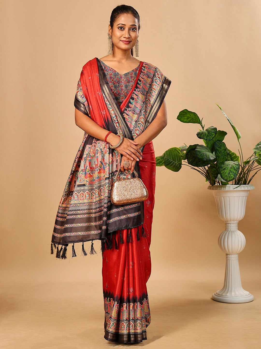 Luxurious Red Birds Digital Print Tussar Silk Saree With Temple Motif Pallu & Zari Weaving Border