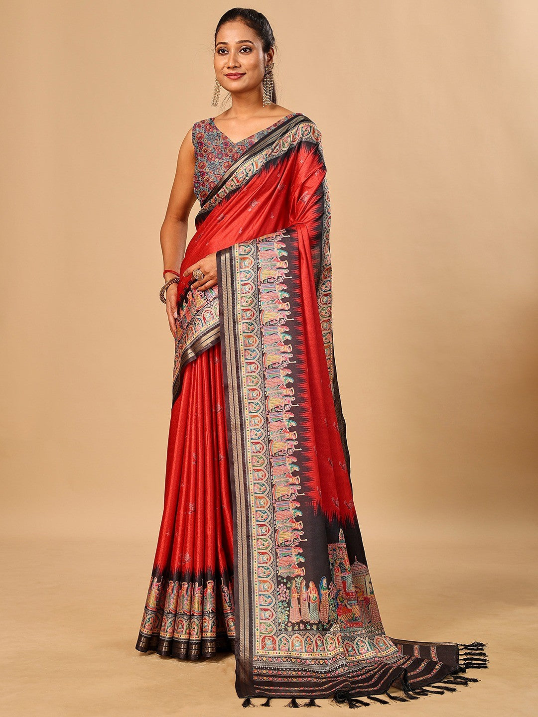 Luxurious Red Birds Digital Print Tussar Silk Saree With Temple Motif Pallu & Zari Weaving Border