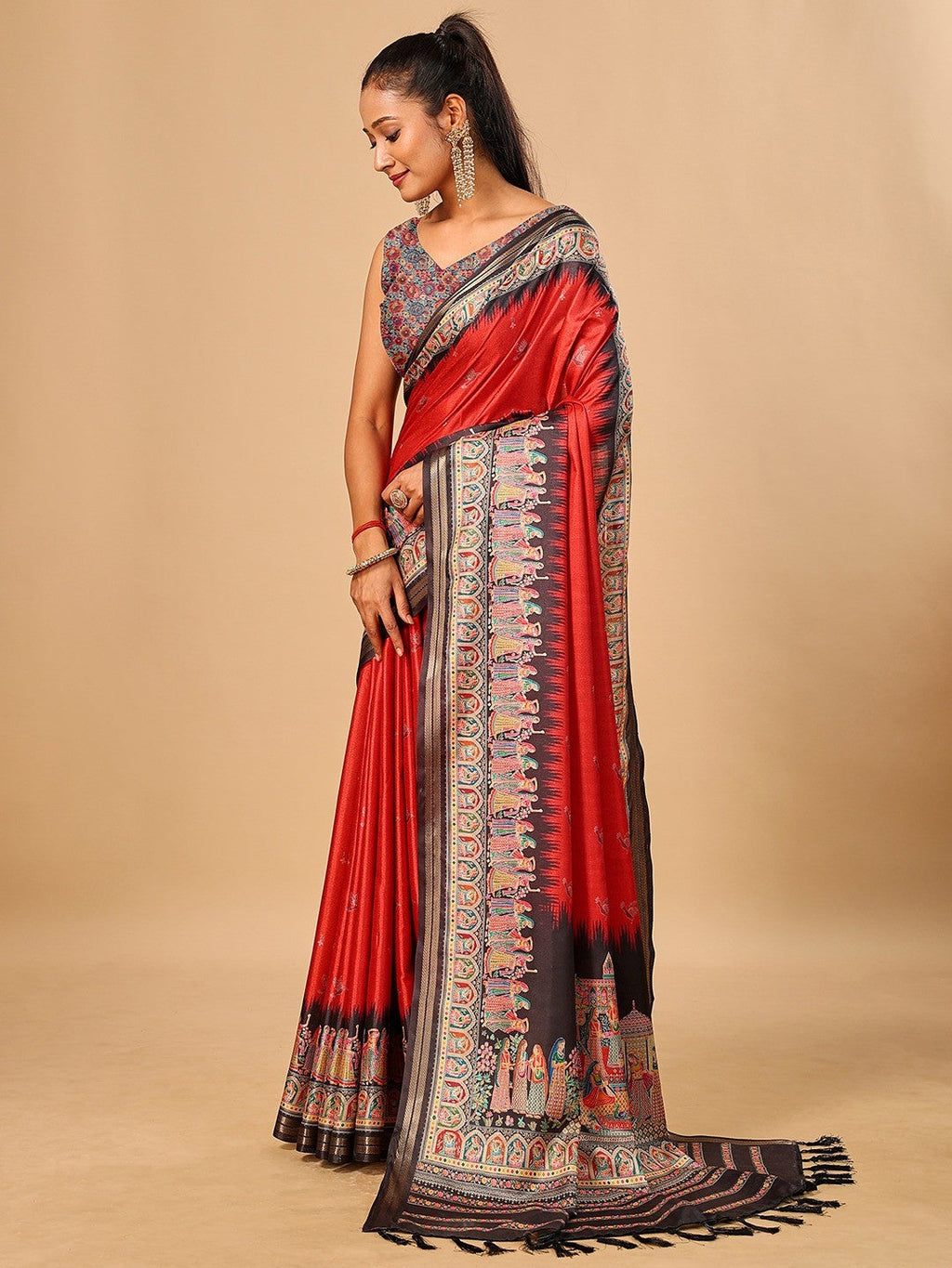 Luxurious Red Birds Digital Print Tussar Silk Saree With Temple Motif Pallu & Zari Weaving Border