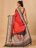 Luxurious Red Birds Digital Print Tussar Silk Saree With Temple Motif Pallu & Zari Weaving Border