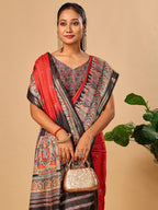 Luxurious Red Birds Digital Print Tussar Silk Saree With Temple Motif Pallu & Zari Weaving Border