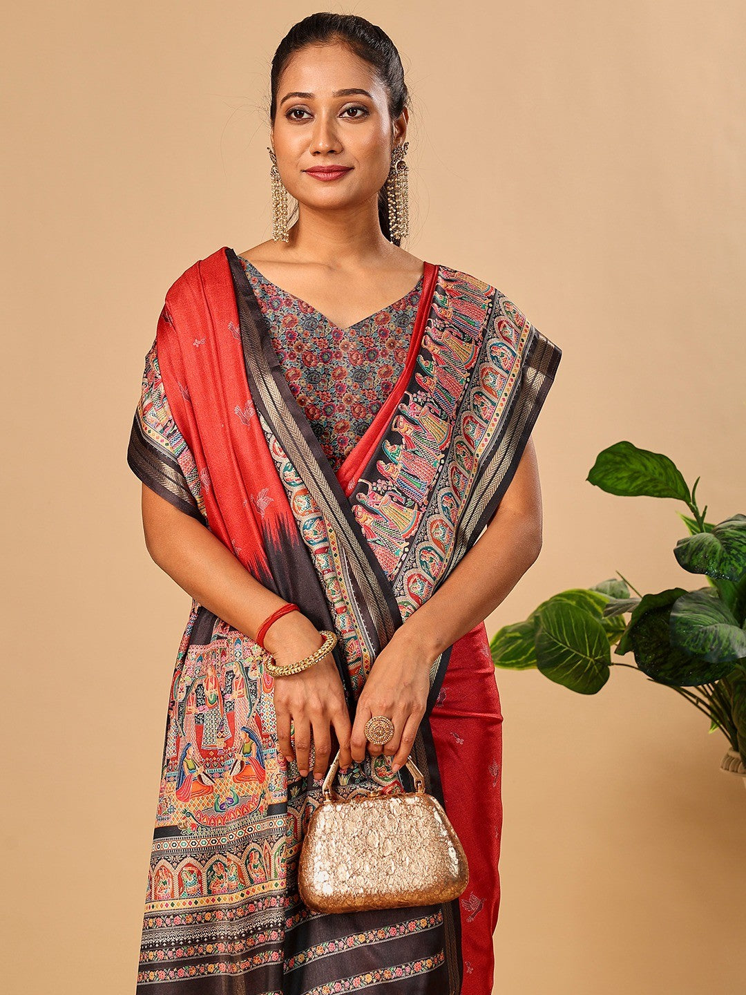 Luxurious Red Birds Digital Print Tussar Silk Saree With Temple Motif Pallu & Zari Weaving Border