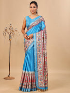 Exquisite Blue Madhubani & Elephant Digital Printed Tussar Silk Saree With Elegant Zari Border