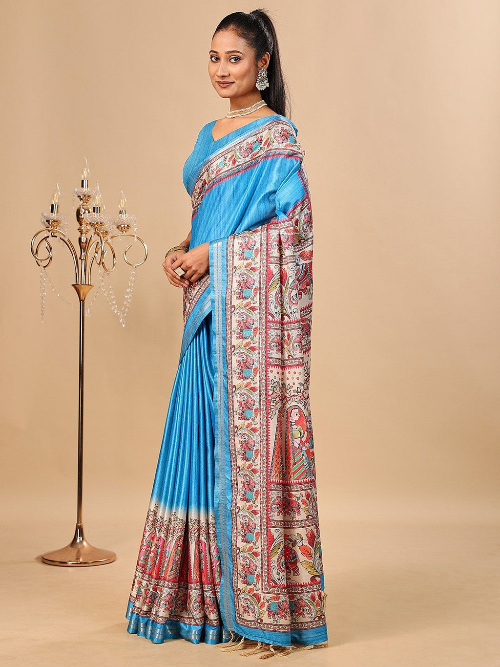 Exquisite Blue Madhubani & Elephant Digital Printed Tussar Silk Saree With Elegant Zari Border