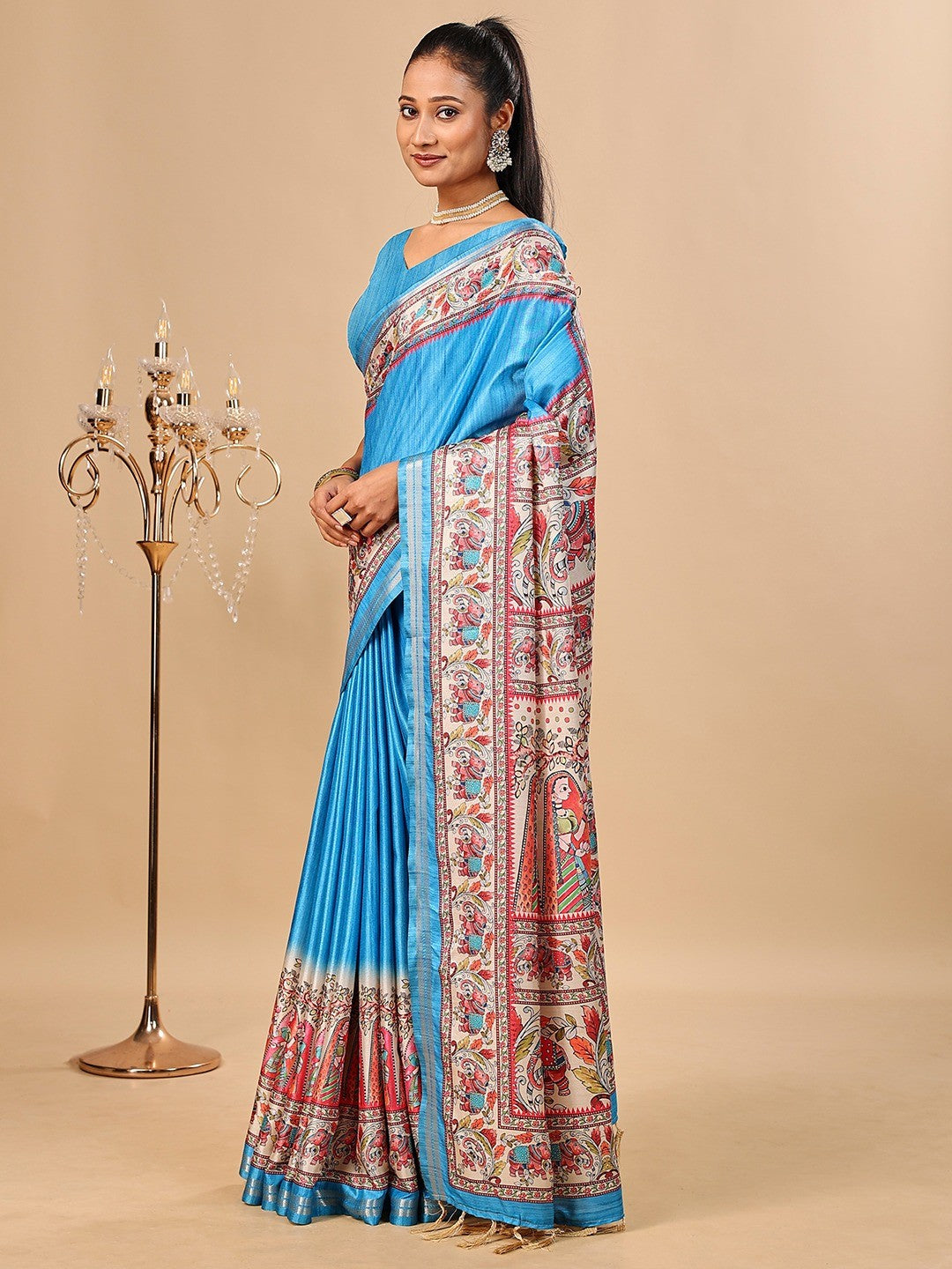 Exquisite Blue Madhubani & Elephant Digital Printed Tussar Silk Saree With Elegant Zari Border