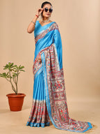 Exquisite Blue Madhubani & Elephant Digital Printed Tussar Silk Saree With Elegant Zari Border