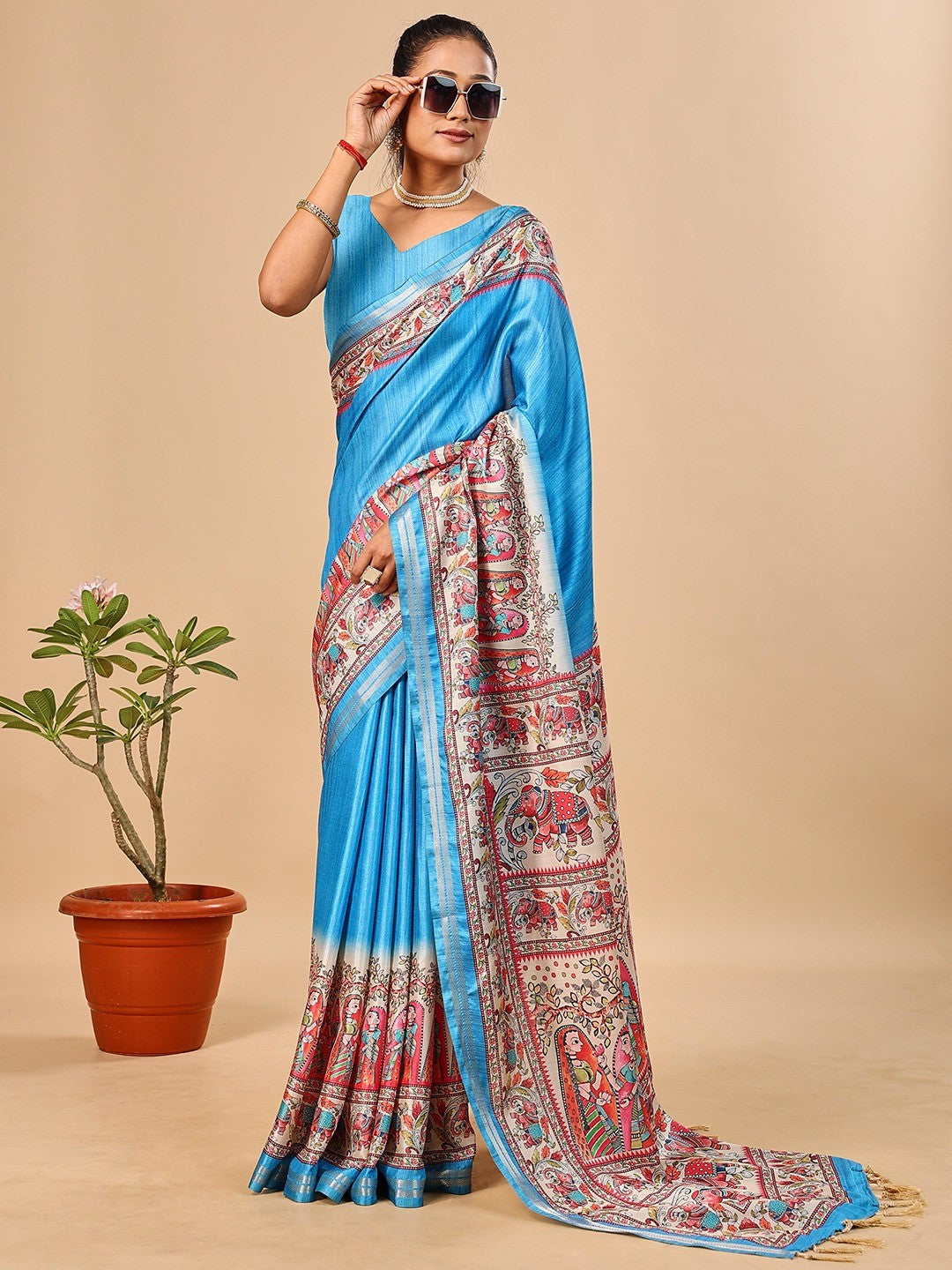 Exquisite Blue Madhubani & Elephant Digital Printed Tussar Silk Saree With Elegant Zari Border