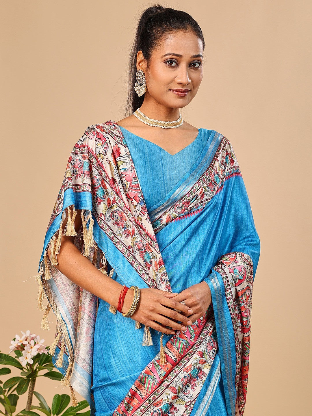 Exquisite Blue Madhubani & Elephant Digital Printed Tussar Silk Saree With Elegant Zari Border