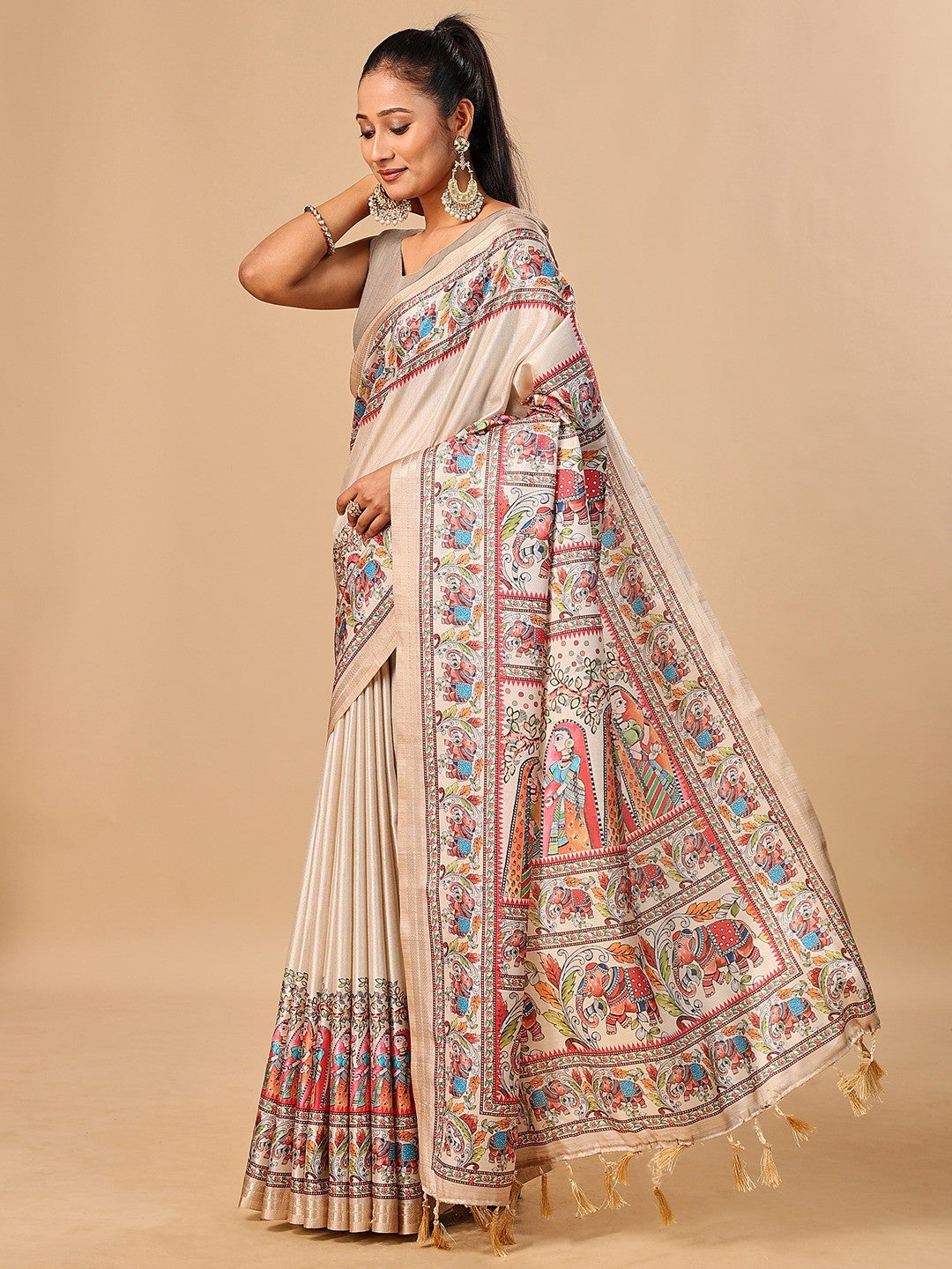 Exquisite Cream Madhubani & Elephant Digital Printed Tussar Silk Saree With Elegant Zari Border