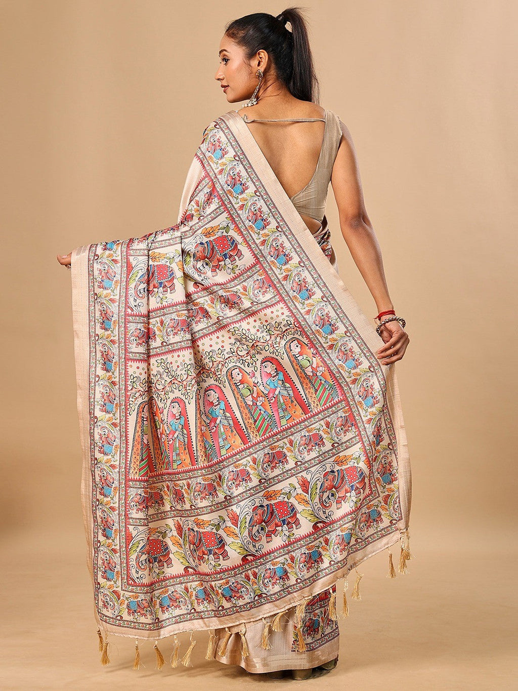 Exquisite Cream Madhubani & Elephant Digital Printed Tussar Silk Saree With Elegant Zari Border