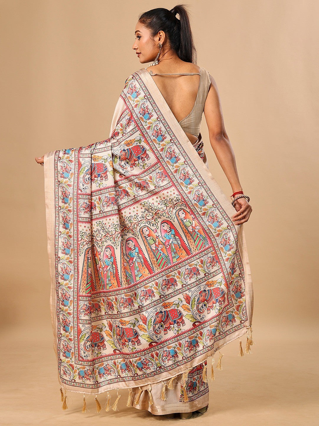 Exquisite Cream Madhubani & Elephant Digital Printed Tussar Silk Saree With Elegant Zari Border