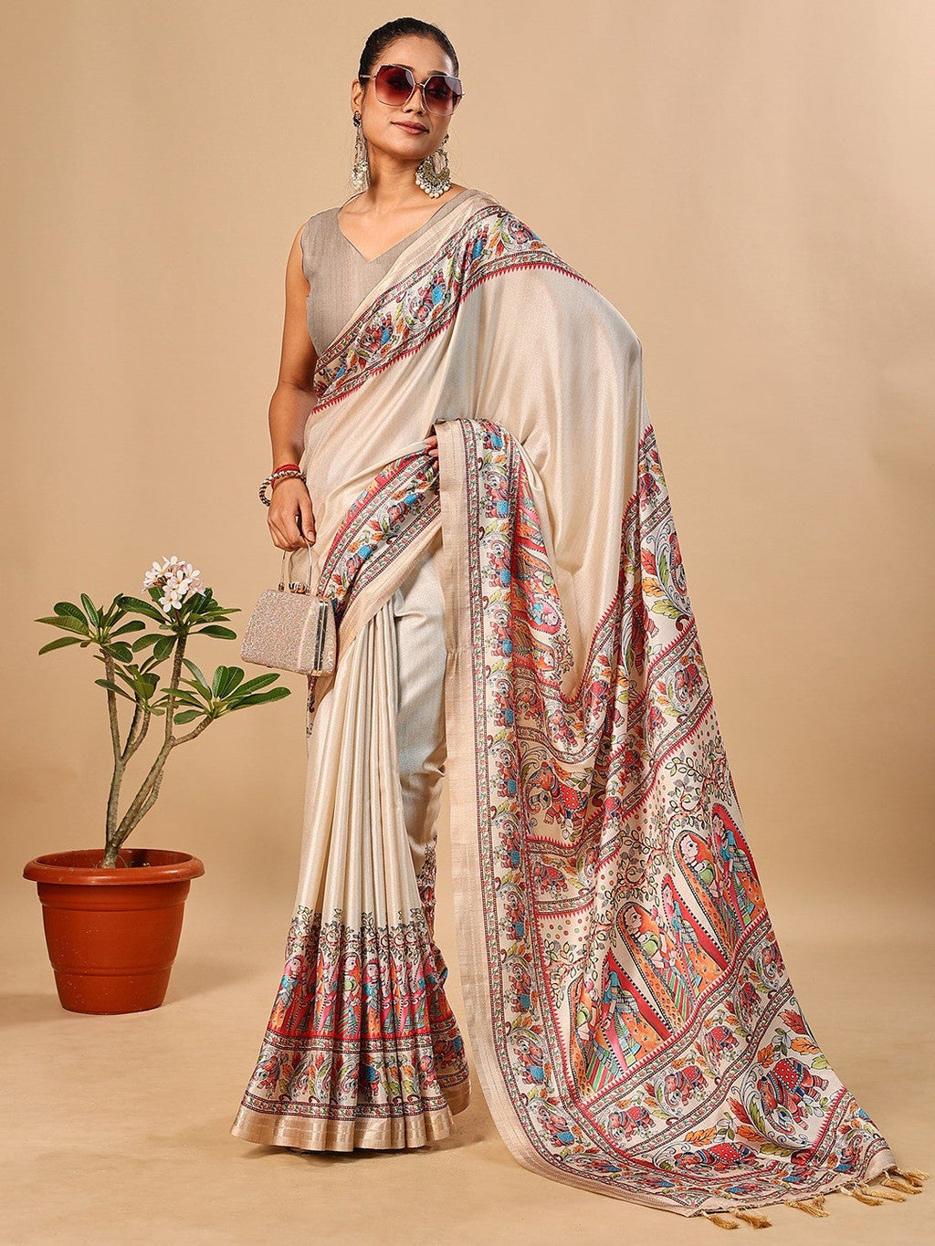 Exquisite Cream Madhubani & Elephant Digital Printed Tussar Silk Saree With Elegant Zari Border