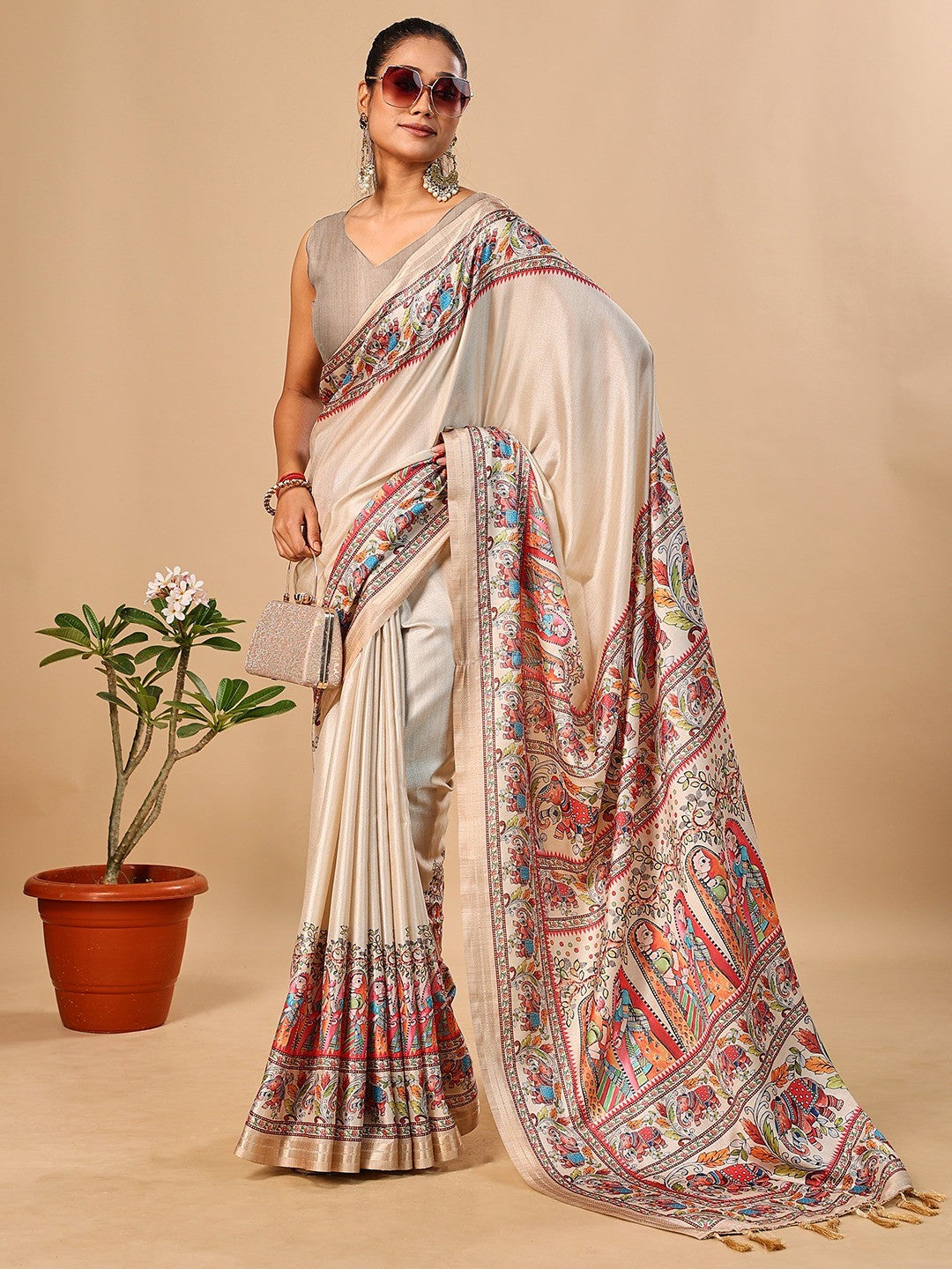 Exquisite Cream Madhubani & Elephant Digital Printed Tussar Silk Saree With Elegant Zari Border